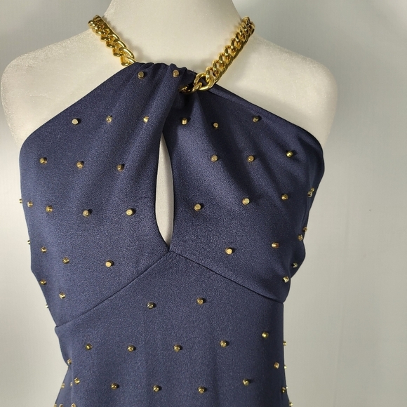 Michael Kors Stud Chain- Neck Mini Dress Navy Dress with Gold Studs - Picture 3 of 10